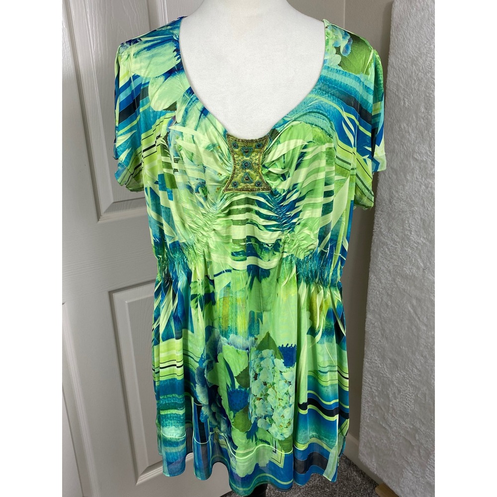 Live and Let Live Tunic Top Floral Print Green Blue 2X Artsy Abstract Boho
